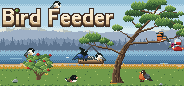 Bird Feeder: the logo over a garden by the water, with a jay at the feeder, a chickadee on a berry bush and a robin on the grass.