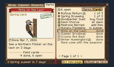 The Cards page of the Bird Book: a finished spring card with a Northern Flicker, and the list of open and done cards.