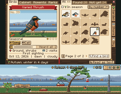 Animation: the Bird Book open on a Varied Thrush page; its call plays while a playhead runs across the sonogram, then a sealed page is opened.
