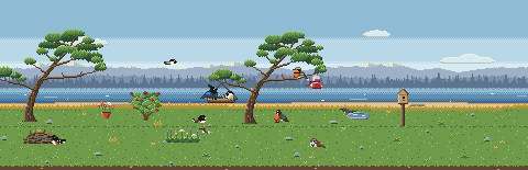 A pixel-art shoreline garden: wind-bent pines, a feeder with a jay and a chickadee, a robin on the lawn and a hummingbird at a nectar feeder, with water and distant hills behind.