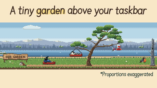 Bird Feeder trailer poster: "A tiny garden above your taskbar" over a pixel-art garden strip with a sign that reads Our Garden.