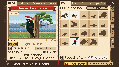 The Bird Book open on the Pileated Woodpecker page, with a portrait, its call and a grid of found and unfound birds.