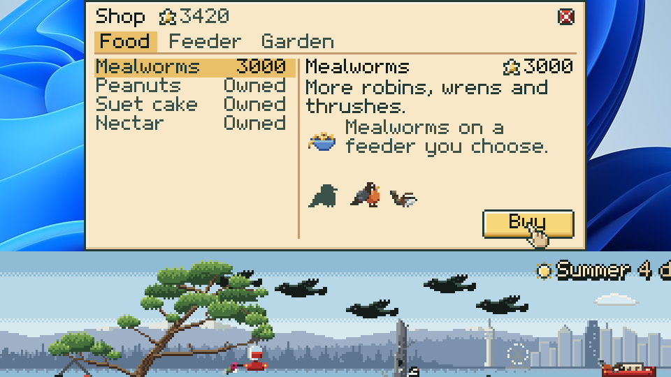 The shop panel open above the strip, showing mealworms for 3000 stars and the birds they attract.