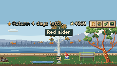 Arrange mode in autumn: a red alder is lifted by the pointer, with a gnome, a bench and a madrone nearby.