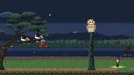 The garden at night: a Barred Owl sits on top of a post, small birds roost in a pine and a lantern glows on the lawn.